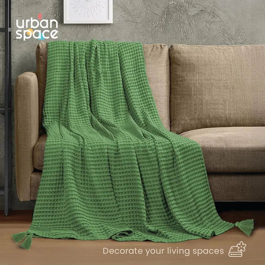 Urban Space 100% Cotton Waffle Throw Blanket, Soft Decorative Throw for Living Room, Sofa, Chair and Couch, Handmade,Reversible and Breathable Throw with Tassels